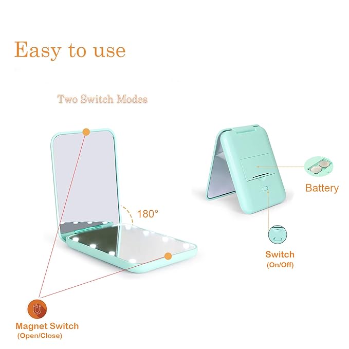 Kintion Pocket Mirror, 1X/3X Magnification LED Compact Travel Makeup Mirror with Light for Purse, 2-Sided, Portable, Folding, Handheld, Small Lighted Mirror for Gift, Cyan