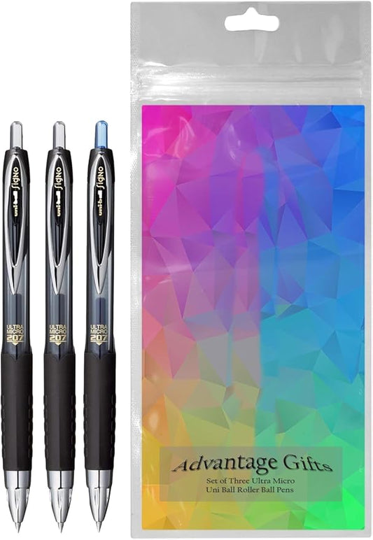 Signo 207 Roller Ball Retractable Gel Pens, Ultra Micro Point (0.38mm), Assorted colors Black And Blue Ink, 3 Count, Bundle with Plastic Reusable Pouch