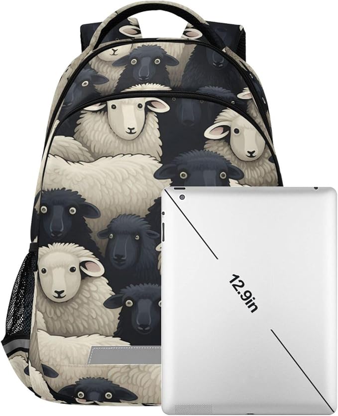 Backpack for Students Boys Girls Black White Lamb Sheep School Bag Travel Daypack Rucksack