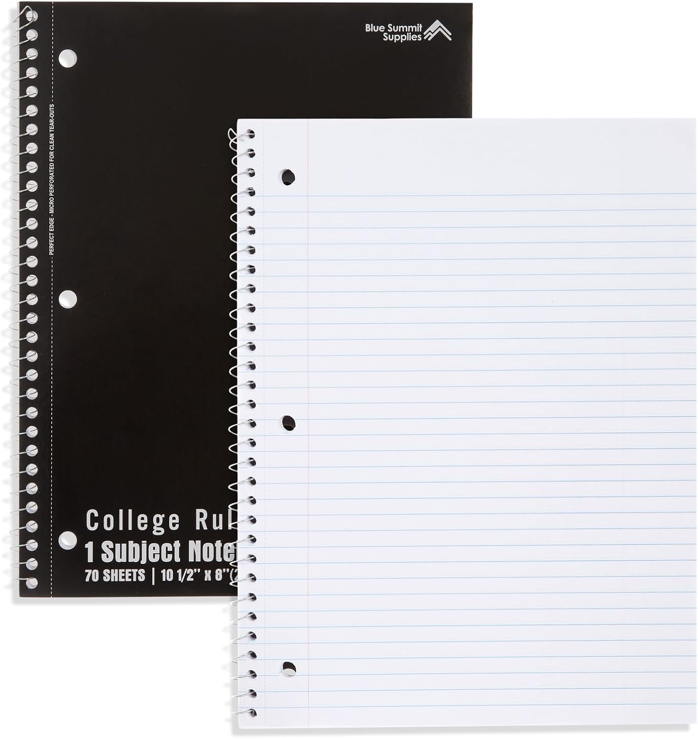 Blue Summit Black Spiral Notebooks Bulk, One Subject Spiral Notebook College Ruled, Perforated Notebook, 8 x 10.5 for Work and School, Paper, College Ruled, Bulk 48 Pack
