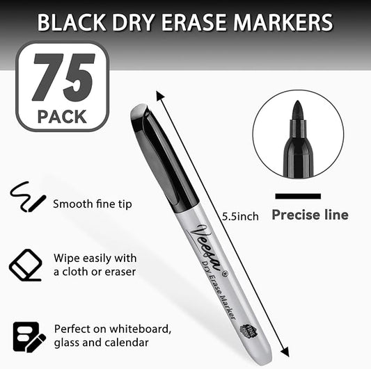 VEESA Dry Erase Markers Black, Fine Tip, 75 Count Low-Odor Whiteboard Marker Pens, Back to School Supplies, Office Series