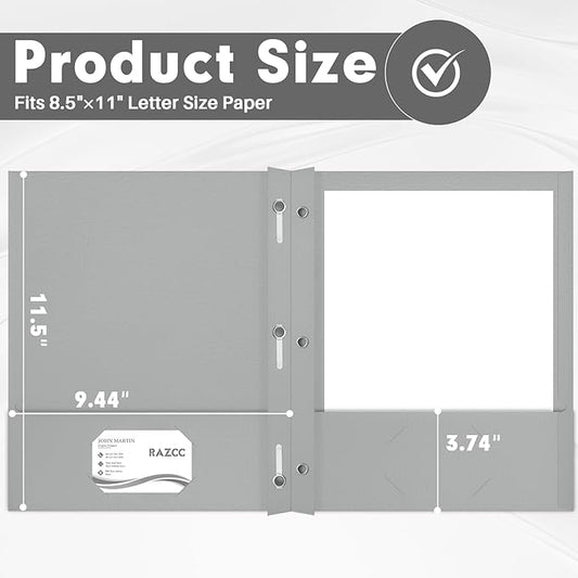 Two Pocket Folders, RAZCC 50 Pack Two Pocket Folders with Prongs, 3 Prong Folders Fit Letter Size Paper, Pocket File Folders for School Office Home Business, Grey