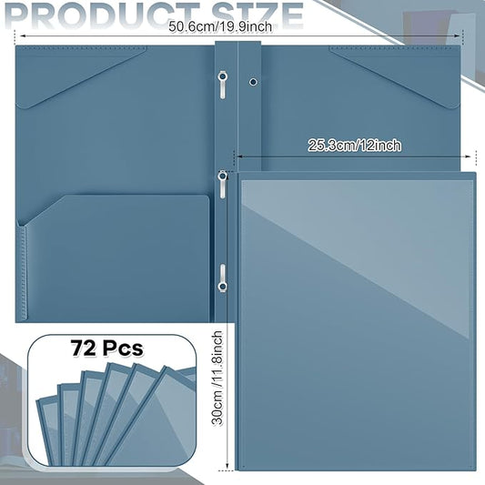 Henoyso 72 Pcs Plastic Folder with Clear Front Pocket and 3 Prong Plastic Folders with Card Slot Pocket Folders with Prongs for School Office (Navy Blue)
