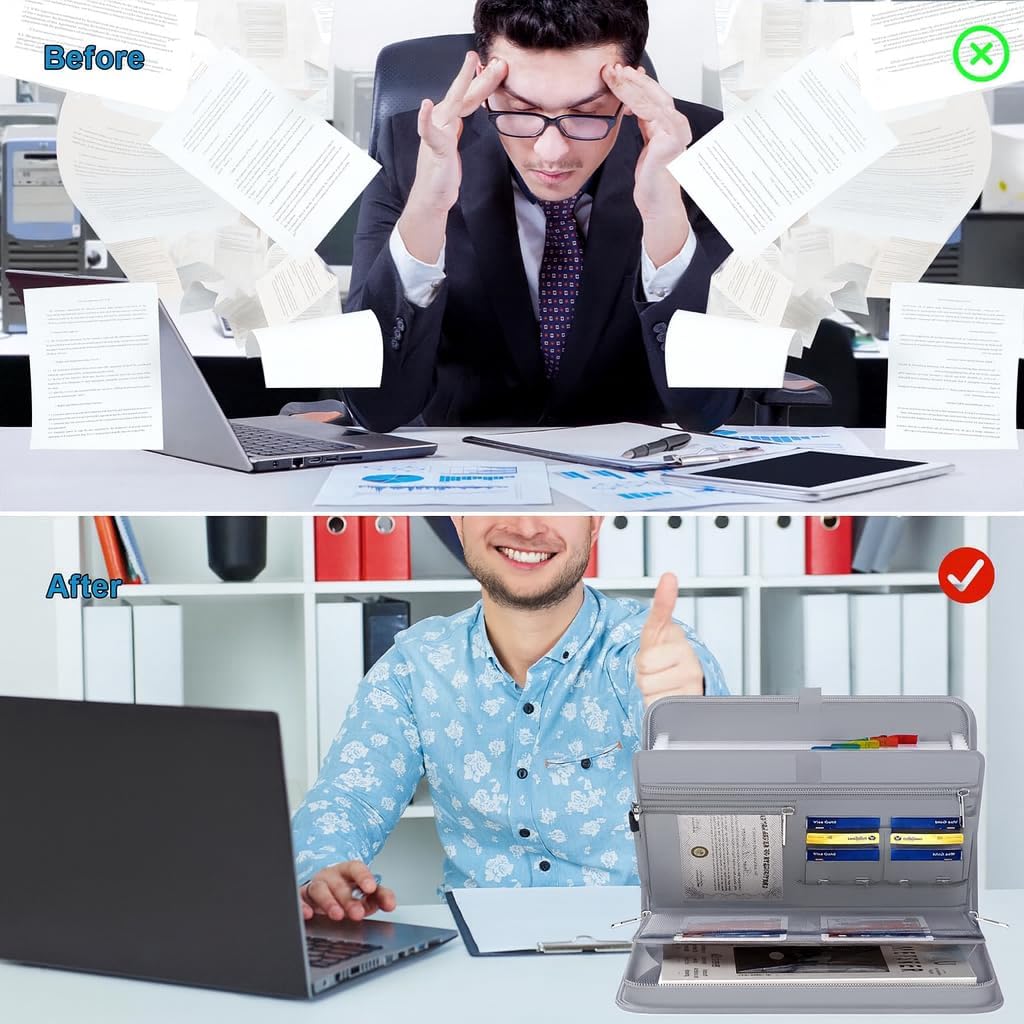 Folio Document Organizer (Grey), Durable 13-Pocket Expanding File Folder with Handle & Labels, Portable A4/Letter Organizer for Home Office, School & Travel