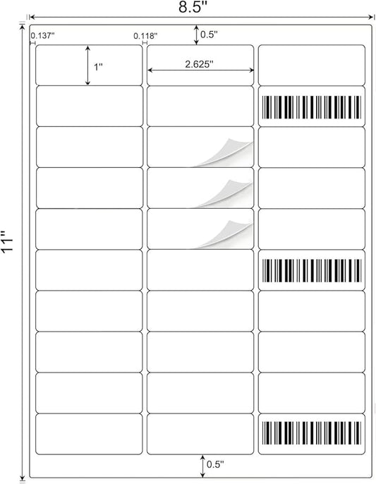 1" x 2-5/8" Shipping Address Labels 30000 Label Stickers Paper for Laser/Inkjet Printer 30 per Page Printable Mailing Labels - Matte, 1000 Sheets