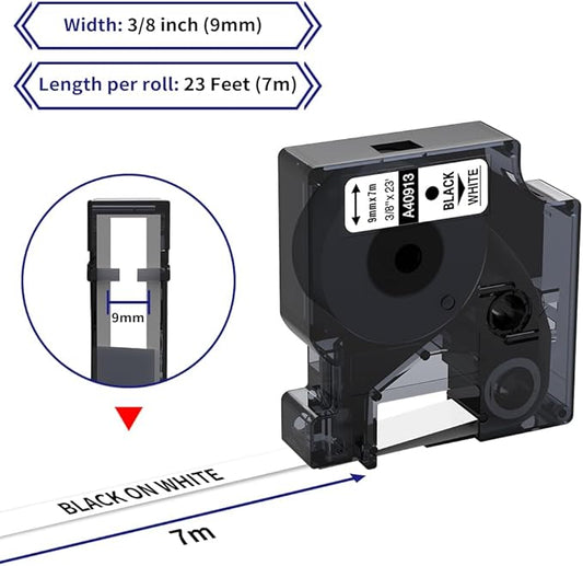 6-Pack Compatible Dymo 41913 (40913) 3/8 Inch D1 Label Tape Black on White 9mm Refills S0720680 for DYMO LabelManager 160 280 360D Label Maker COLORPOP, 23Ft