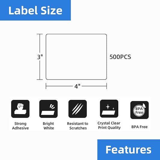 1 Roll 4" x 3" Direct Thermal Labels for Barcodes Postage Address Shipping Labels Compatible with Rollo & Zebra Desktop Printers Adhesive - 500 Labels/Roll