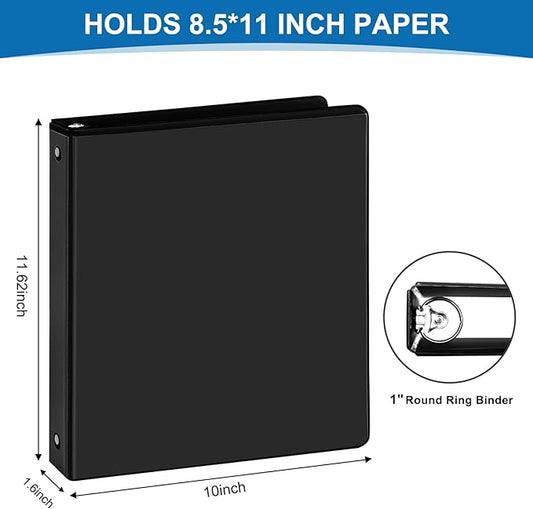 1 inch 3-Ring Binder, 1" Round Ring Binder with 2 Inside Pockets, Bulk Basic Binders, Clear View Cover 1-inch Binders Holds 8.5'' x 11''Paper for Office/Home/Back to School(Pack of 12, Black