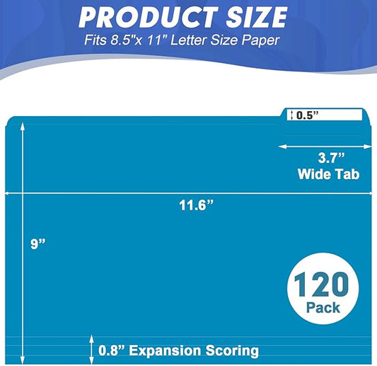 File Folder, HERKKA 120 Pack 1/3 Cut Tab File Folders, File Folders Great for Organizing and Filing, Letter Size, Blue
