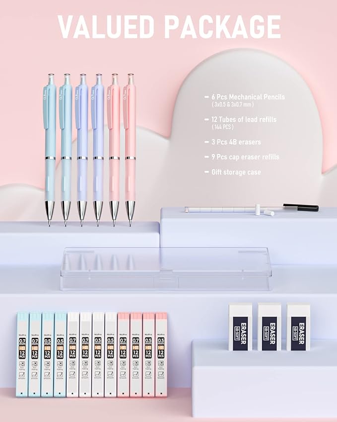 Nicpro 6PCS Pastel Mechanical Pencil Set with Case, 0.5 & 0.7 mm Cute Pencils with 12 tubes HB Lead Refills, 3 Erasers, Eraser Refills For School Supplies Student Writing, Drafting Drawing Sketching