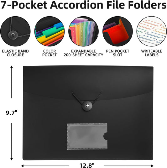3 Pack 7 Pocket Accordian File Organizer, Expanding File Folder with Labels, Plastic Expandable File Folder for Documents Letter Size A4 Papers