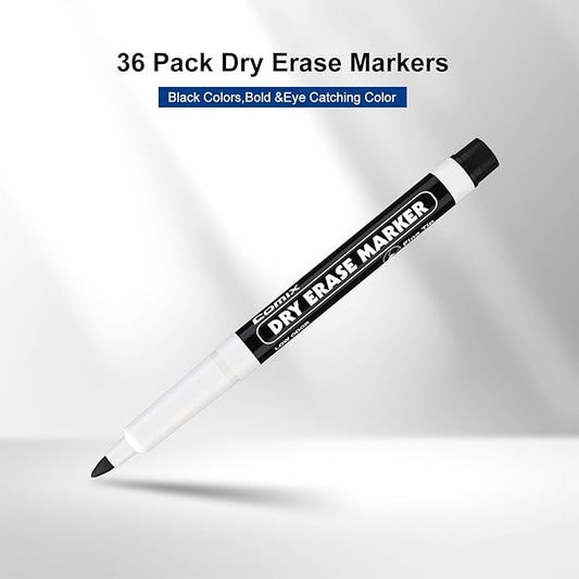 Comix Fine Tip Dry Erase Markers, Low Odor Whiteboard Markers, 36 Bulk Black Color Markers for Kids Teachers Office & School Supplies