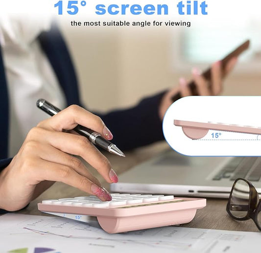 Cute Calculators Desktop Size 6.3 * 4.3in/16 * 11cm, DECKLIT Battery 12 Digit Desk Calculator Extra Large LCD Display, Great Desktop Calculator Big Buttons, 15°Tilt Screen for Kids Calculator(Pink)