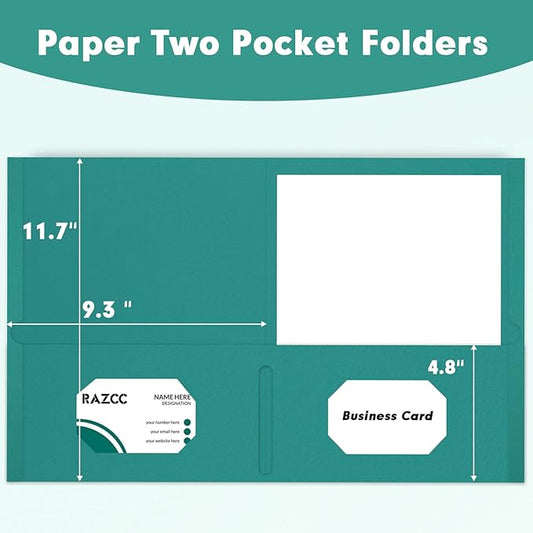 Two Pocket Folders, RAZCC 50 Pack 2 Pocket Folders Fit Letter Size Paper, Paper Folders with Pockets for School Office Business Home, Turquoise