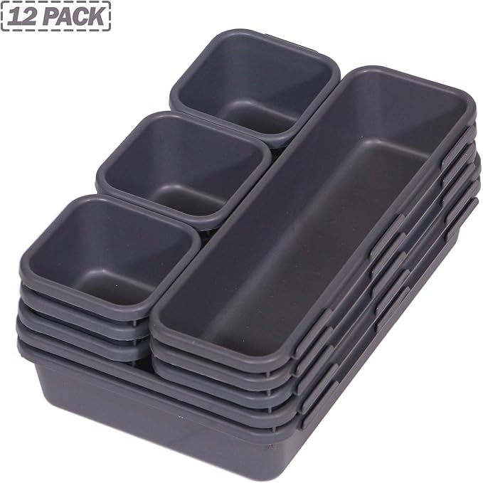 Set of 12 Interlocking Desk Drawer Organizer Tray Dividers Plastic Shallow Narrow Drawers Organizers Separators and Storage Bins Container for Kitchen Bathroom Makeup Office Vanity Bedroom Dresser
