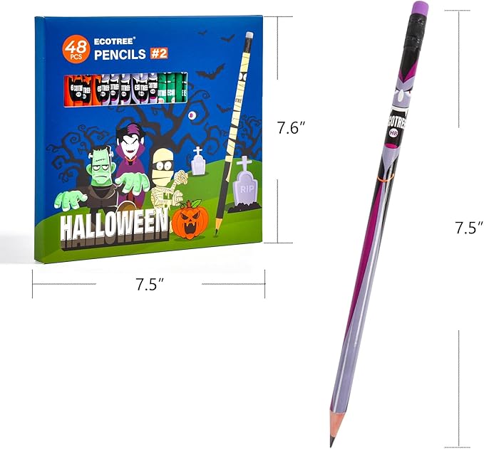 ECOTREE Pre-sharpened Halloween Pencils #2, Halloween Party Favors for Kids, Halloween Gifts, 48 Count