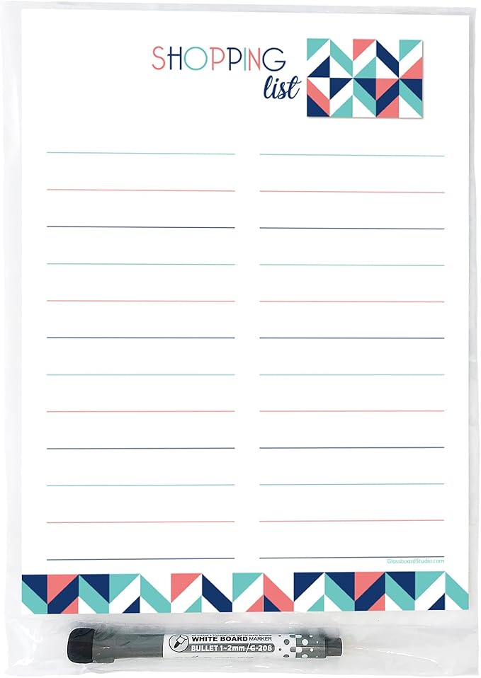 Dry Erase Shopping List Vinyl Sticker Decal Whiteboard by Glassboard Studio | Removable & Reusable | Magnetic Fine-Tip Marker Included (9 x 12 inches, Geometric)