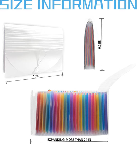 25 Pockets Plastic Expanding File Folders with Tabs, White Accordion File Organizer, Portable Expandable Filing Box, Desktop Folder for School Office Letter A4 Paper Document Receipt Storage