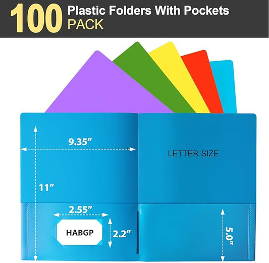 HABGP 100 Folders with Pockets, 5 Color Heavy Duty Plastic Two Pocket Folder with Business Card Holder for Office High School Business Resume