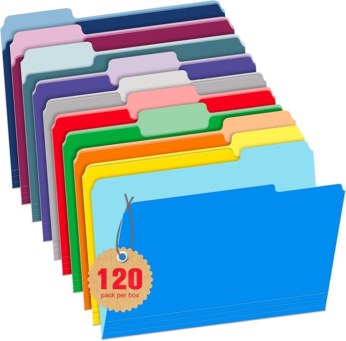 WEMEMORN 120 Pack Two Tone Color File Folders 8.5 x 11 Inch, 1/3 Cut Tab File Folders Letter Size, Assorted Colors, 10 Color File Folder, School Business Office Home Folders for Document Organization