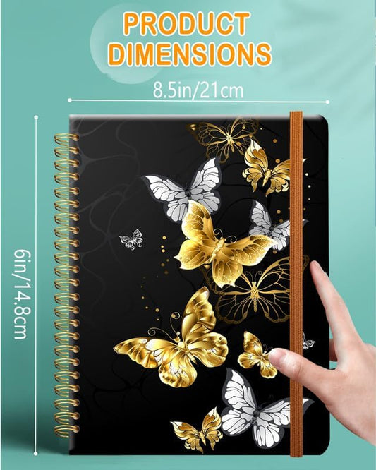Ruled Spiral Writing Notebook,A5 Hardcover Lined College Journal for Women Lady Girl,Strong Twin-Wire Binding with Premium Paper,8.4" X 6",Perfect for School,Office,Home Gifts(Gold Butterfly)