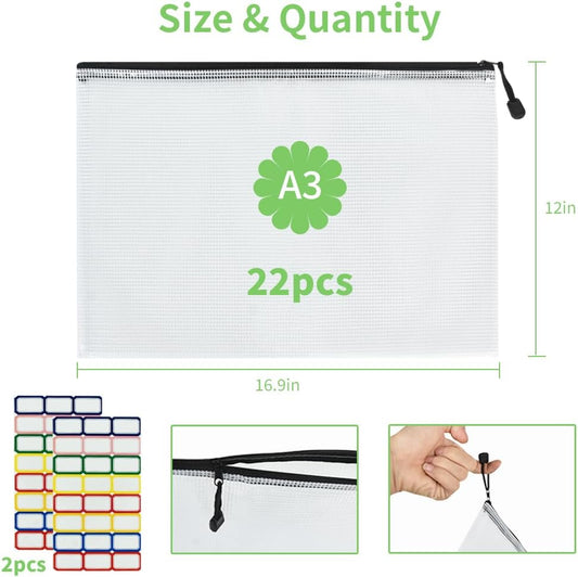 Vuzvuv 22Pcs A3 Size-16.9"x 12" Large Mesh Zipper Pouch with Label Sticker, Plastic Document Mesh Bag for File Board Game School Office Home Travel Storage(43cm30cm)