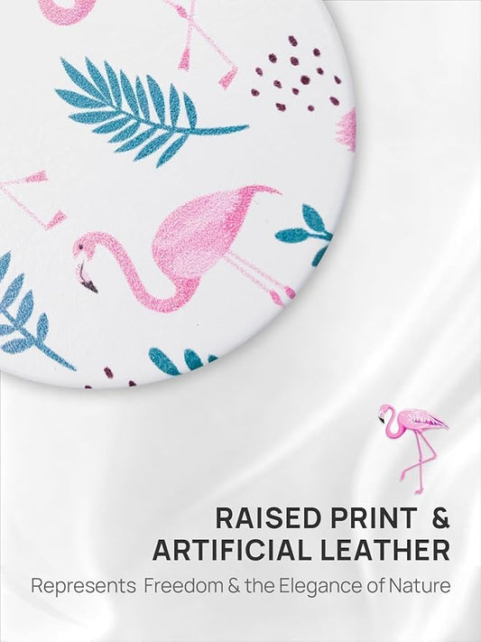 OMIRO 1X/10X Compact Magnifying Mirror, Unique Painting Pocket Mirror with Classical PU Leather (Round, Pink Flamingos)