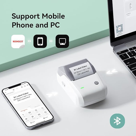 NIIMBOT B1 Label Maker Machine with Tape, 2 Inch Portable Sticker Printer for Home School & Small Business, Compatible with Phones & PC, Gray White