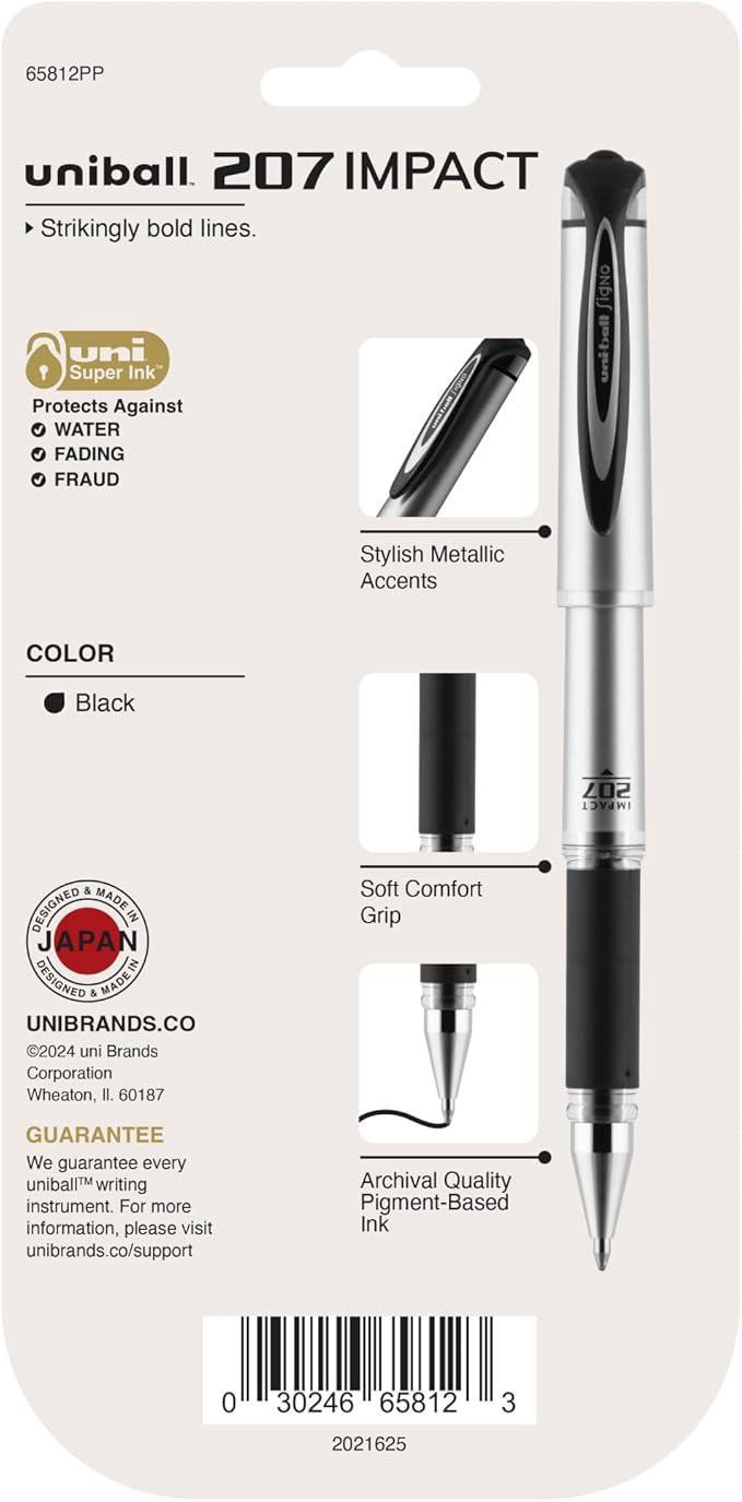uni-ball Signo 207 Impact Stick Gel Pen, 4 Black Pens, 1.0mm Bold Point Gel Pens, Smooth Writing, Archival-Quality Ink, Acid-Free, Superior Comfort