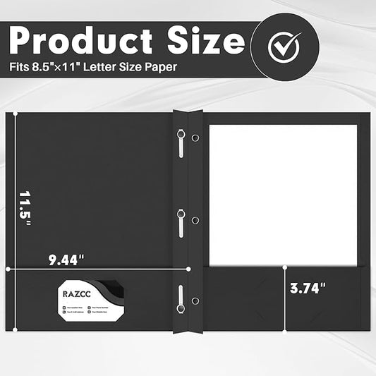 Two Pocket Folders, RAZCC 75 Pack Two Pocket Folders with Prongs, 3 Prong Folders Fit Letter Size Paper, Pocket File Folders for School Office Home Business, Black