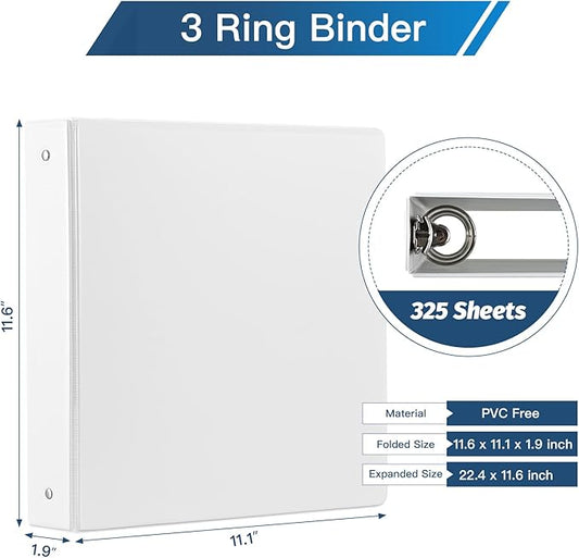 1.5-inch 3 Ring-Binder with 2 Interior Pockets, Premium 1.5''-Binders Holds 325 Sheets US Letter Size 8.5'' x 11'' Paper - Durable, Versatile Binders for Office, Home, and School Use, 6 Pack (White)
