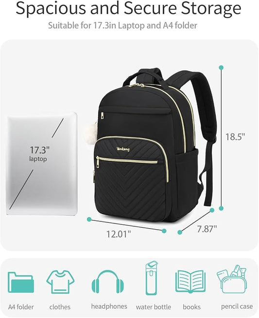 17.3 Laptop Backpack Women, Cute Bookbag for University Middle High School Girls, Fashion Adult Backpack for Work Clinical Teacher, Black