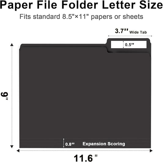 File Folder, RAZCC 100 Pack 1/3 Cut Tab File Folders Letter Size, Black Folders for Dcouments, Folders with Tab Great for Organizing and Easy File Storage