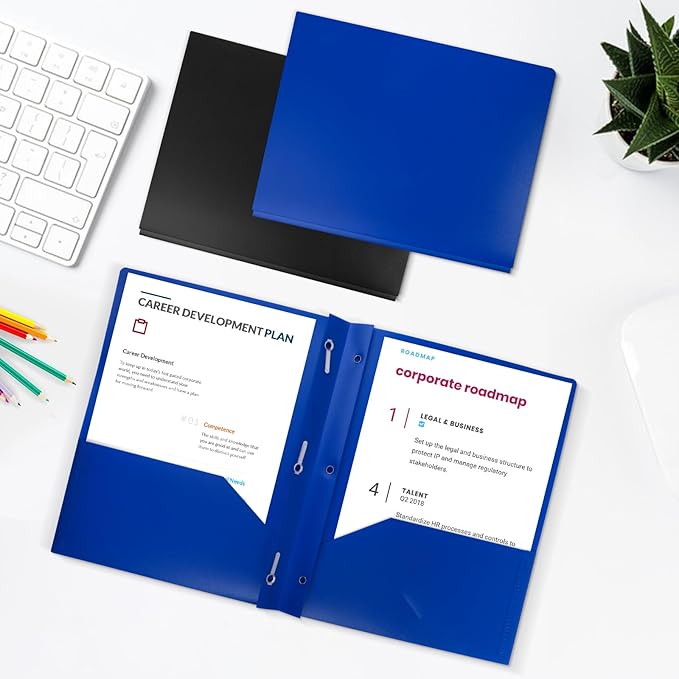 12-Pack Plastic Folders with Pockets and Prongs,2-Pocket Folders with 3 Fasteners, Poly Folders Holds 8-1/2" x 11" Paper for School/Office/Home, Blue