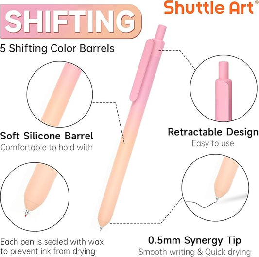 Shuttle Art Retractable Pastel Shifting Gel Ink Pens, 15 Pack Black Ink Pens, Cute Pens 0.5mm Fine Point Soft Aesthetic Barrel for Smooth Writing Journaling Taking Notes School Office Home
