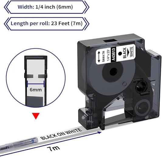 6-Pack Compatible Dymo 1/4 Inch 43613 D1 Label Tape Black on White 6mm Label Maker Refills S0720780 for DYMO LabelManager 160 280 360D 420P 450, 1/4 in x 23 Ft