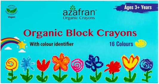 Azafran Non Toxic Organic Block Crayons 16 Colors for Toddlers - Plant Based, Natural Hypoallergenic Jumbo Crayons in Crayon Box, Non Greasy, Food Grade Colors, Paraffin free, 4.23 oz (120 Gram)