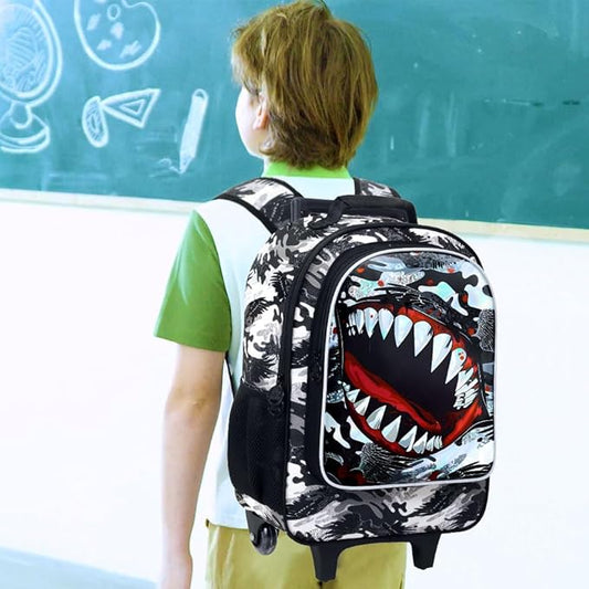 3PCS Shark Rolling Backpack for Boys, Roller School Backpack with Wheels, Kids Wheeled Bookbag for Elementary Preschool Kindergarten(Black)