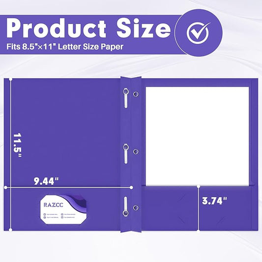 Two Pocket Folders, RAZCC 50 Pack Two Pocket Folders with Prongs, 3 Prong Folders Fit Letter Size Paper, Pocket File Folders for School Office Home Business, Purple