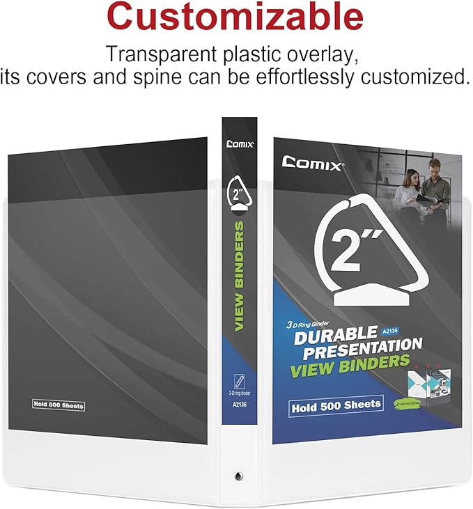 Comix Sturdy 2 Inch D-Ring Binders, 2'' 3 Ring Binder with Clear View Cover, Holds 500 Sheets of 8.5" x 11" Paper, 6 Pack (White)