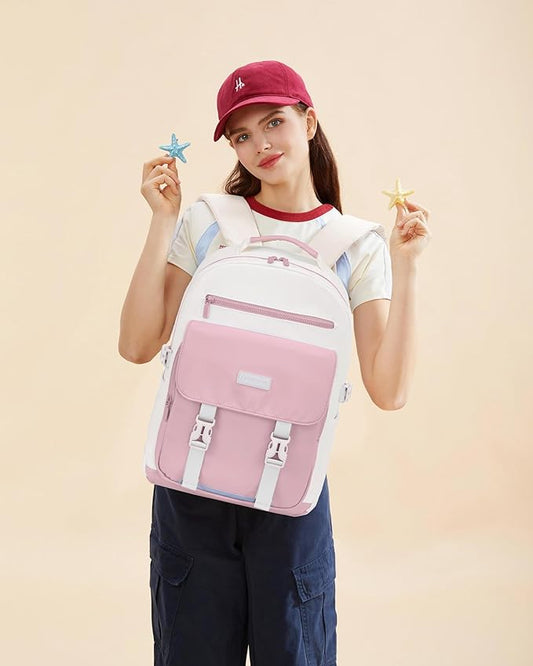 LOVEVOOK School Backpack for Teen Girls,Casual School Backpack 14-18 Teenage 15.6 Inch Laptop Bookbag, Cute Big Student Laptop Backpack for College Women Middle High School Travel Daypack,Pink