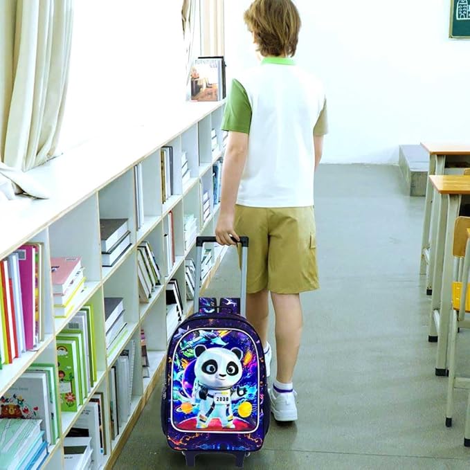 3Pcs Panda Rolling Backpack for Boys, Kids School Backpacks with Wheels, Roller Bookbag with Lunch Box for Elementary Preschool(Black)
