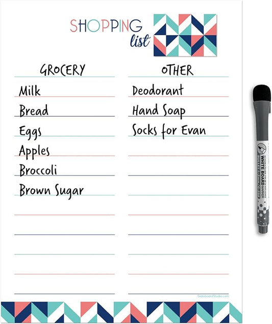 Dry Erase Shopping List Vinyl Sticker Decal Whiteboard by Glassboard Studio | Removable & Reusable | Magnetic Fine-Tip Marker Included (9 x 12 inches, Geometric)