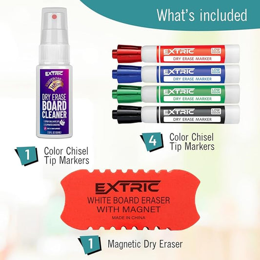 Dry Erase Markers Chisel Tip Set, 4 Whiteboard Markers, Whiteboard Cleaner and Eraser, Low Odor Dry Erase Marker with Eraser Bundle for Home, Teachers Supplies, and School Supplies