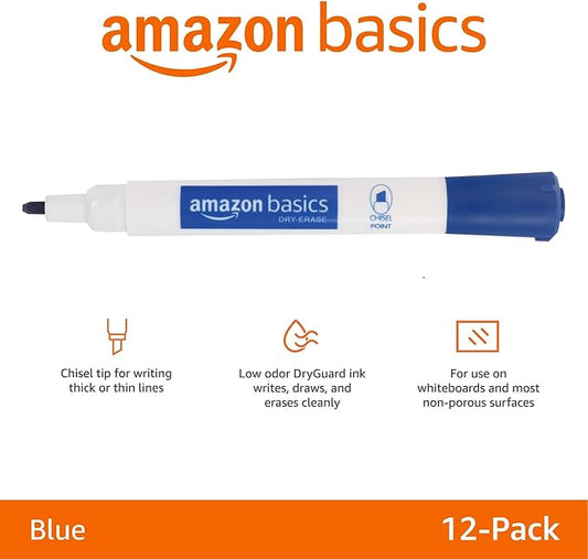 Amazon Basics Dry Erase Markers For Whiteboards, Chisel Tip, Low-Odor, Blue, Pack of 12