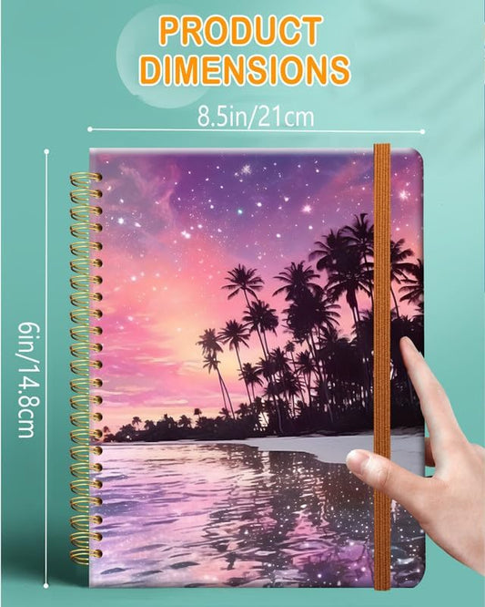 Ruled Spiral Writing Notebook,A5 Hardcover Lined College Journal for Women Girl,Strong Twin-Wire Binding with Premium Paper,8.4" X 6",Perfect for School,Office(Palm Tree Tropical Night Beach)