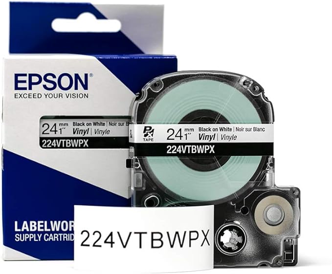 Epson LABELWORKS 224VTBWPX Genuine Tape Cartridge - Black on White Flexible and Durable Vinyl Industrial Label Maker Tape - 1" (24MM) Wide, 22.9 ft