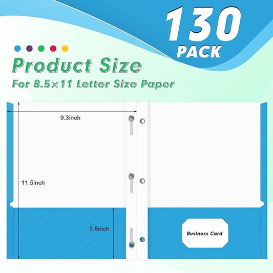Two Pocket Folders, PANDRI 130 Pack Two Pocket Folders with Prongs, 2 Pocket 3 Prong Folders Designed for Office and Classroom, Letter Size, Assorted 5 Colors