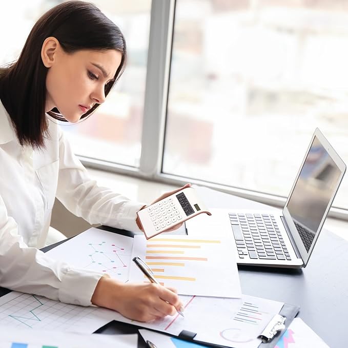 Rose Gold Calculator Office Supplies and Accessories, 10 Digits Solar Battery Basic Office Calculator, Dual Power Desktop Calculator with Large LCD Display, Pink