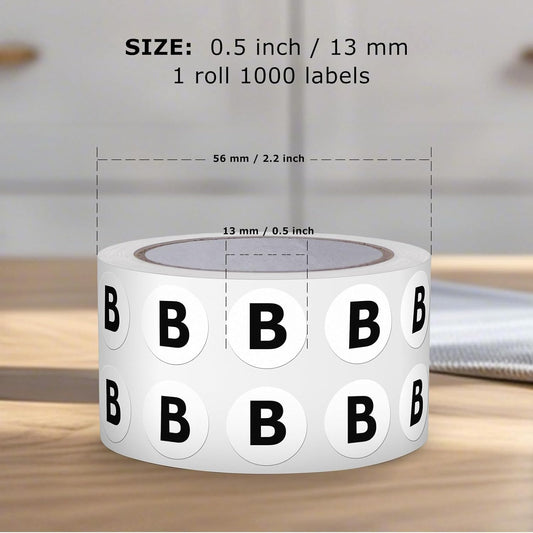 Letter B Round Labels 0.5 Inch Vinyl Circle Capital Alphabet Stickers Self-Adhesive Removable Waterproof Dots Tags for Home Office Inventory 1000 PCS